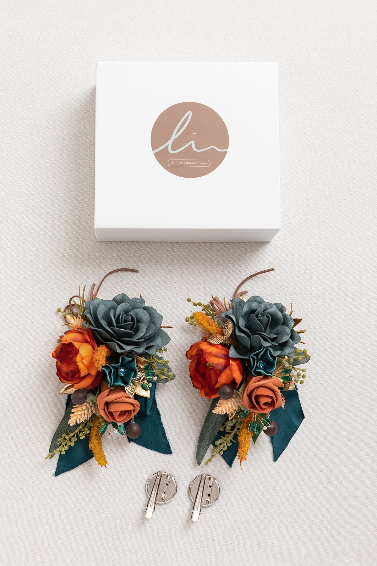 Wrist and Shoulder Corsages in Dark Teal & Burnt Orange (Set of 2)