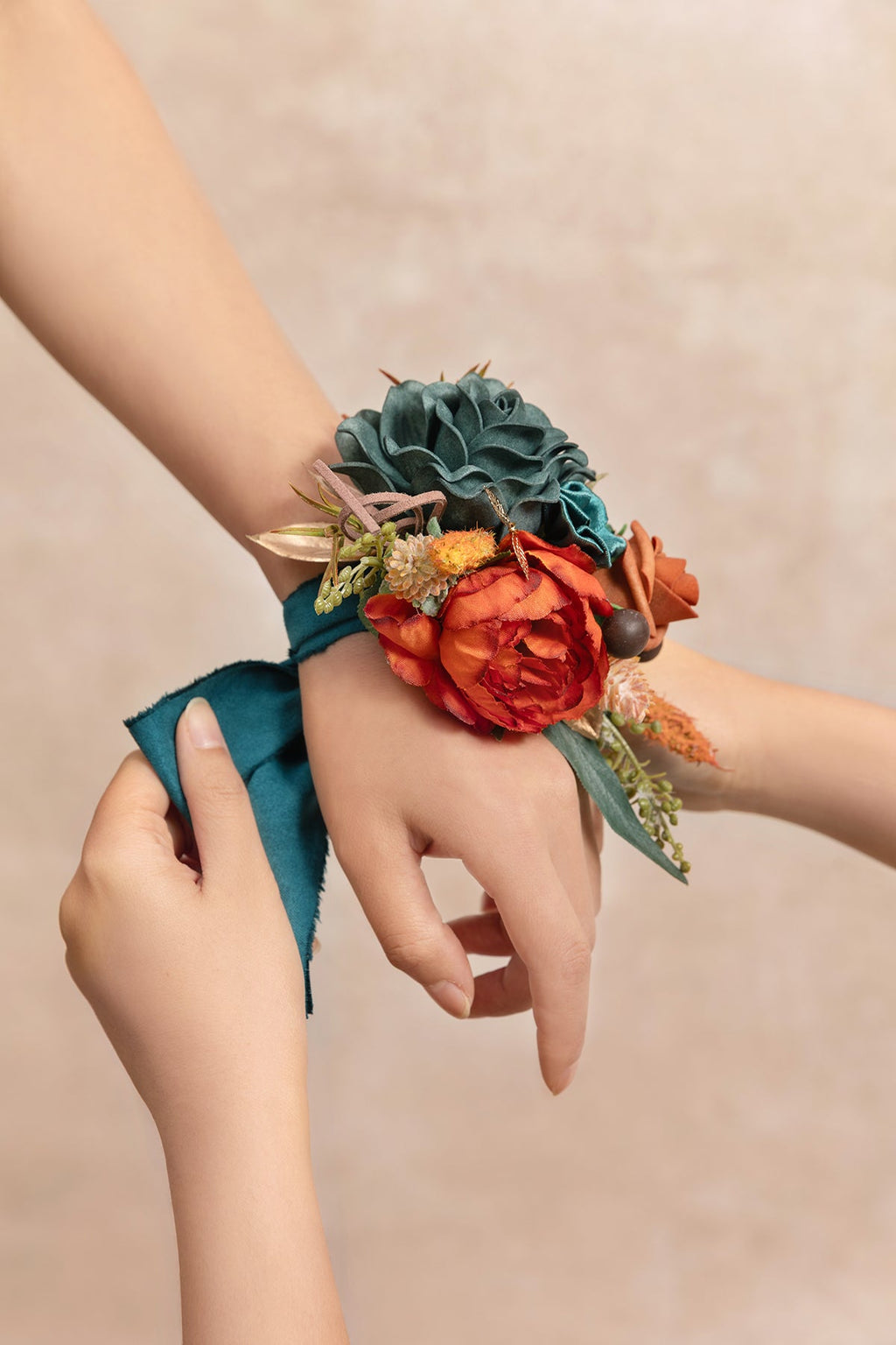 Wrist and Shoulder Corsages in Dark Teal & Burnt Orange (Set of 2)