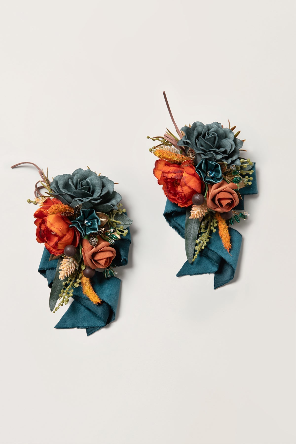 Wrist and Shoulder Corsages in Dark Teal & Burnt Orange (Set of 2)