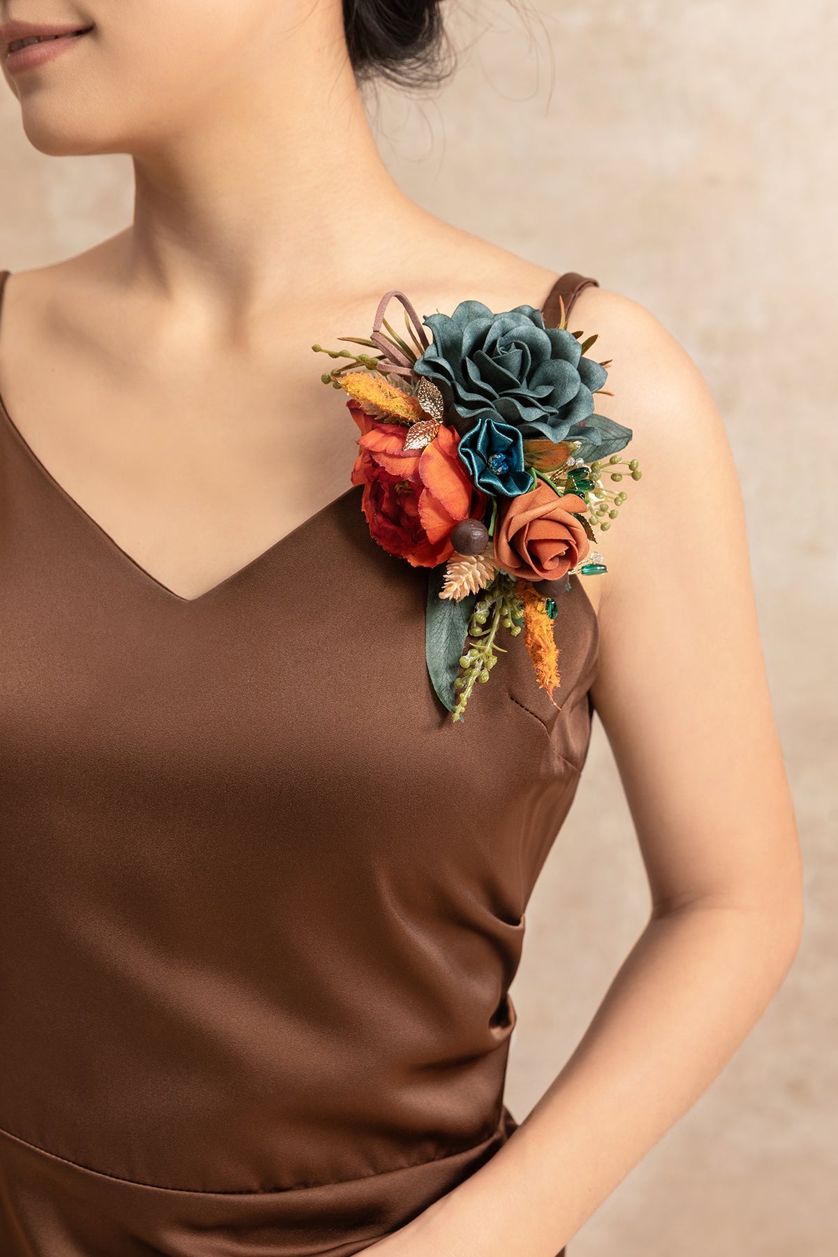 Wrist and Shoulder Corsages in Dark Teal & Burnt Orange (Set of 2)