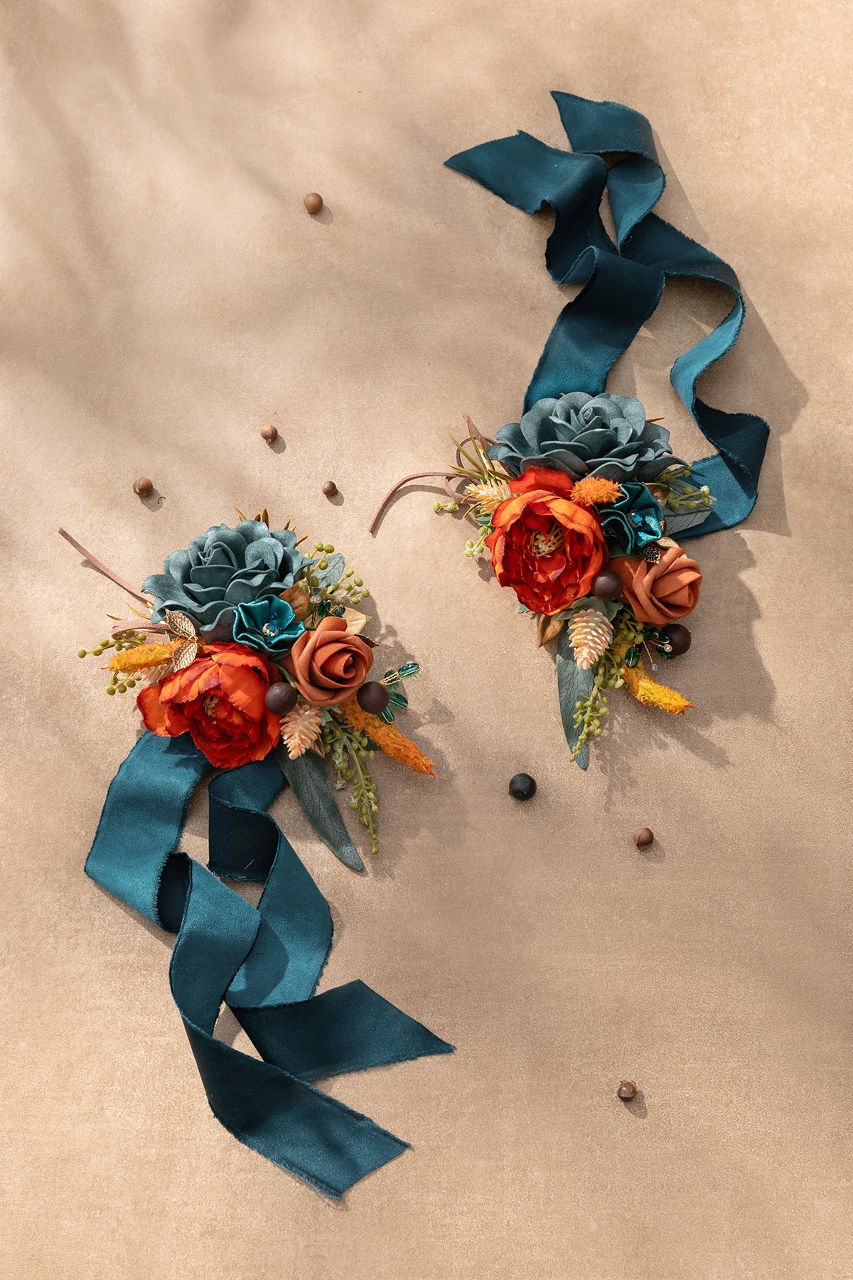 Wrist and Shoulder Corsages in Dark Teal & Burnt Orange (Set of 2)