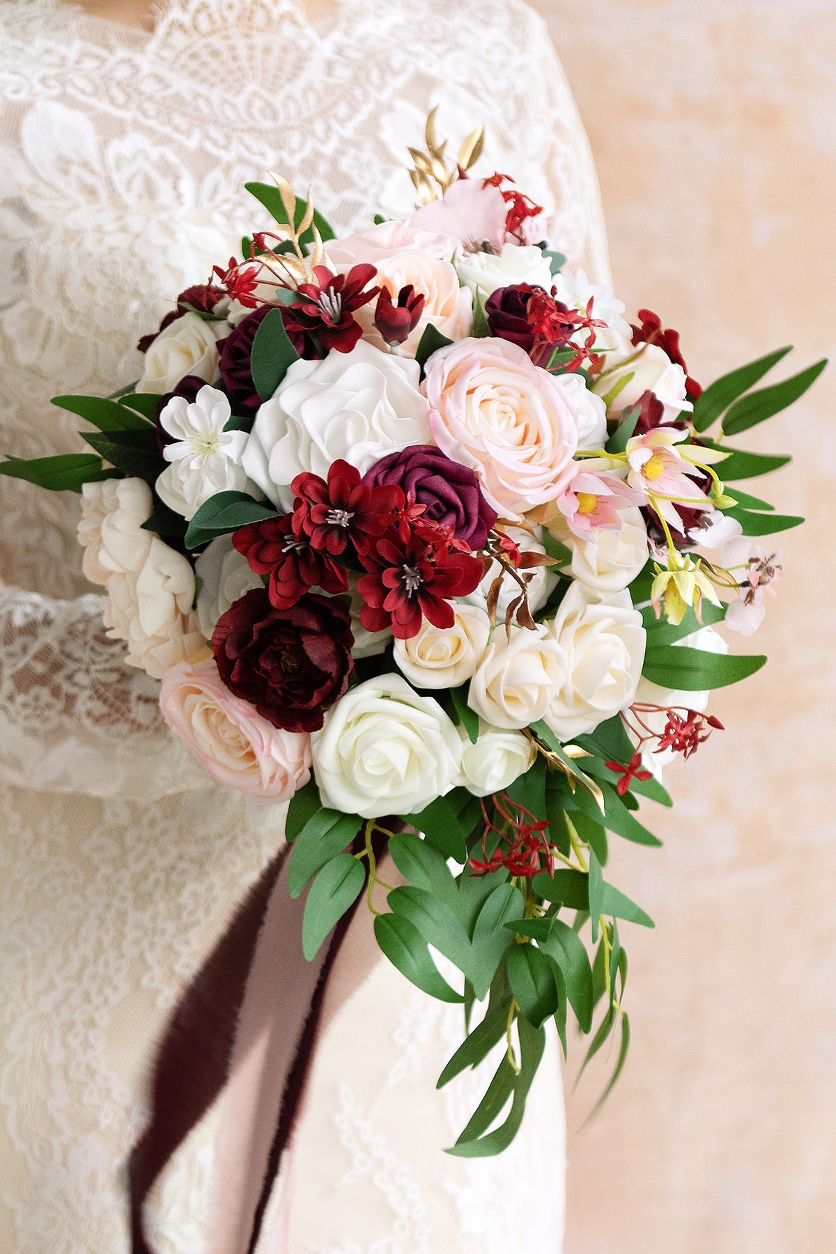 Small Cascade Bridal Bouquet in Romantic Marsala丨Clearance