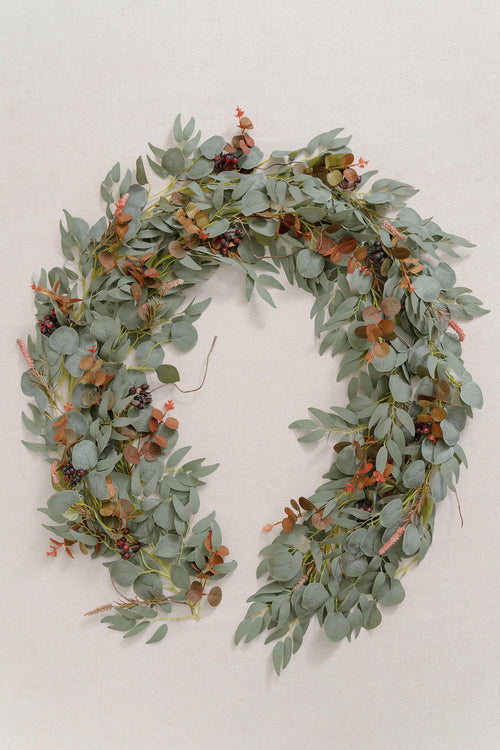6ft Eucalyptus and Willow Leaf Garland with Filler Flowers in Sunset Terracotta