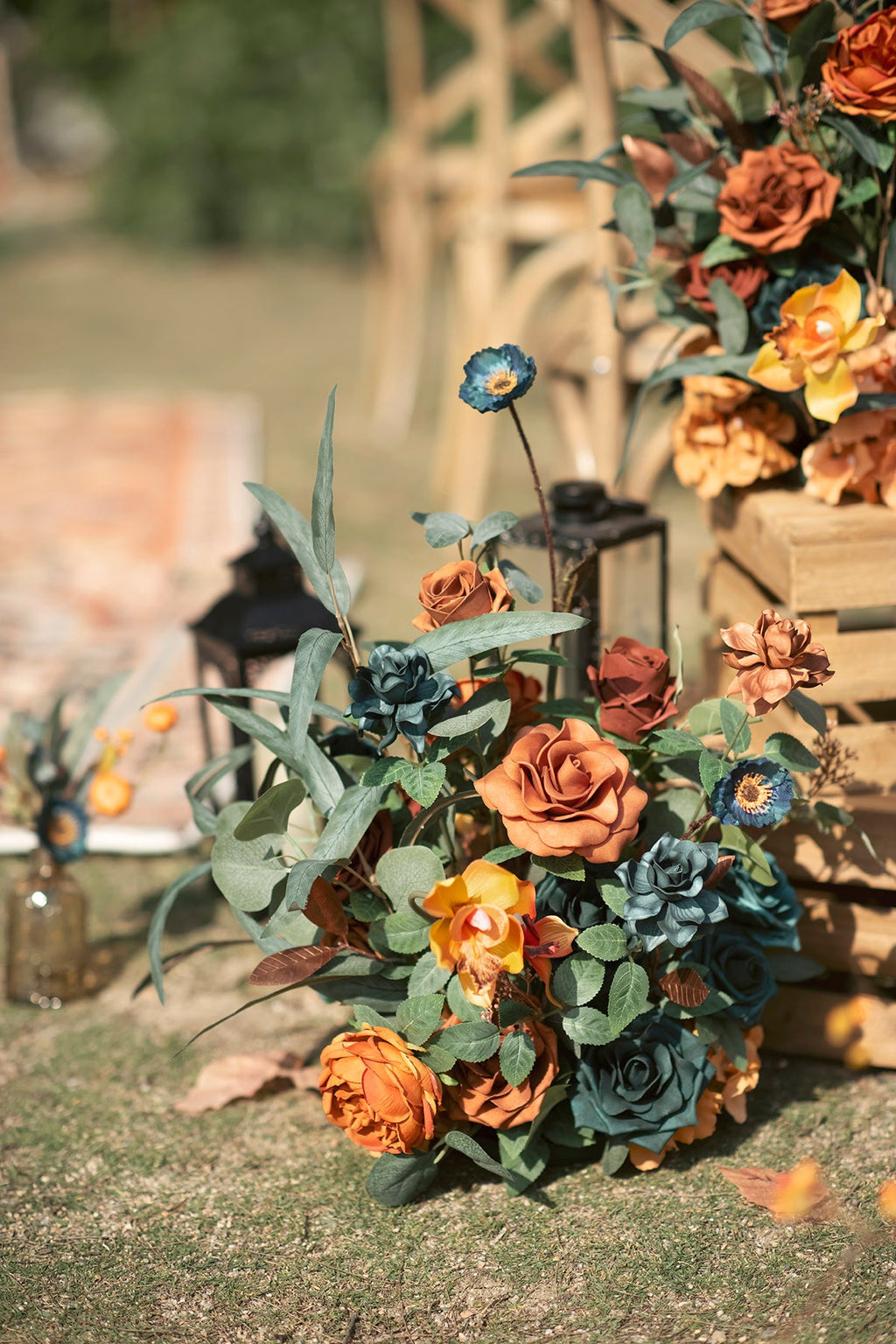 Free-Standing Flower Arrangements in Dark Teal & Burnt Orange (Set of 2) | Clearance