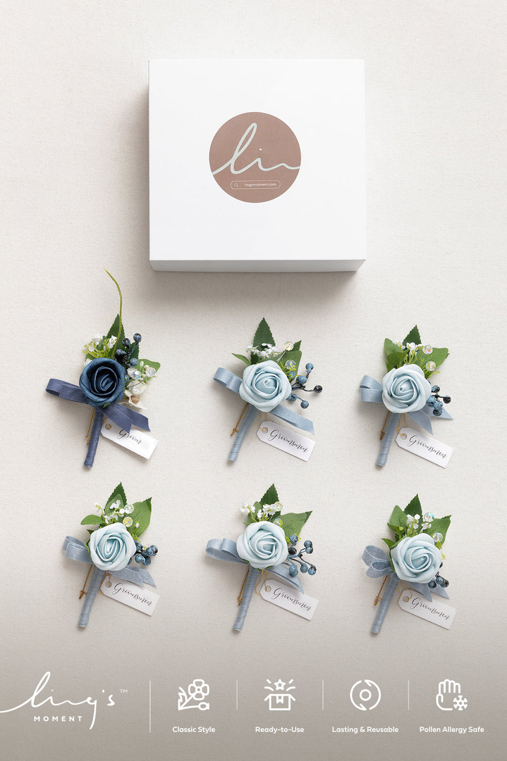 Boutonnieres in Romantic Dusty Blue (Set of 6)