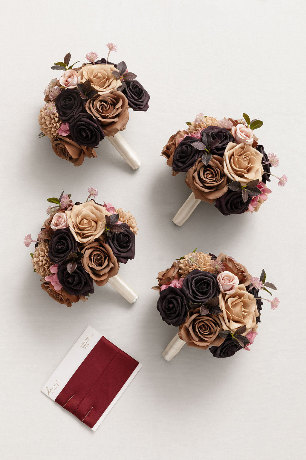 Round Bridesmaid Bouquets in Earth Brown & Black Baccara (Set of 4)