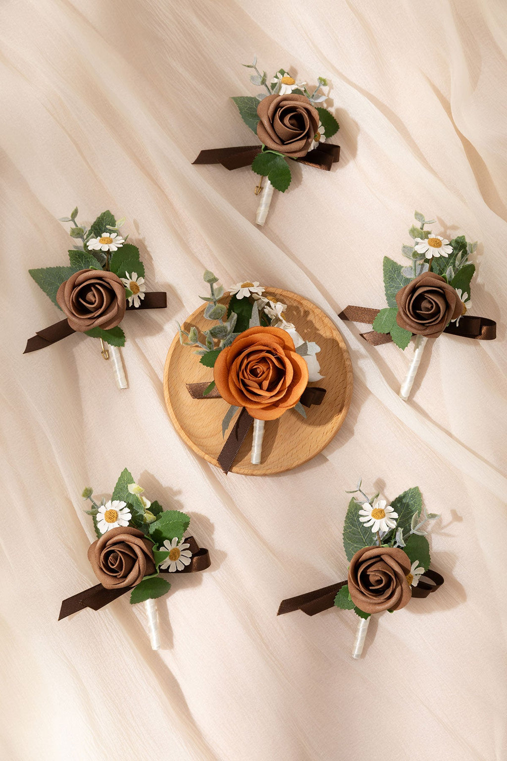 Boutonnieres in Earth Brown & Burnt Orange Velvet Wedding (Set of 6)