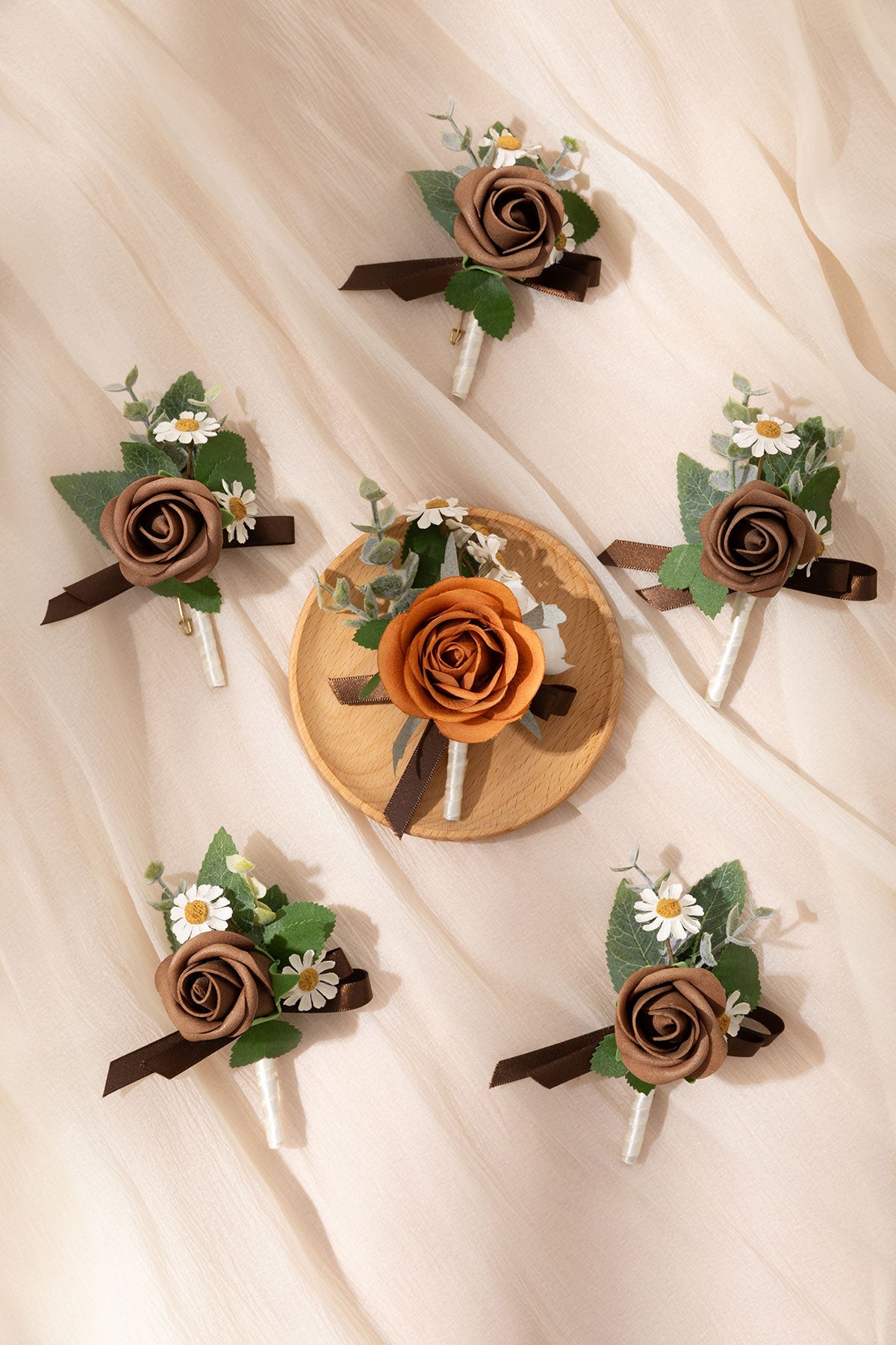 Boutonnieres in Earth Brown & Burnt Orange Velvet Wedding (Set of 6)