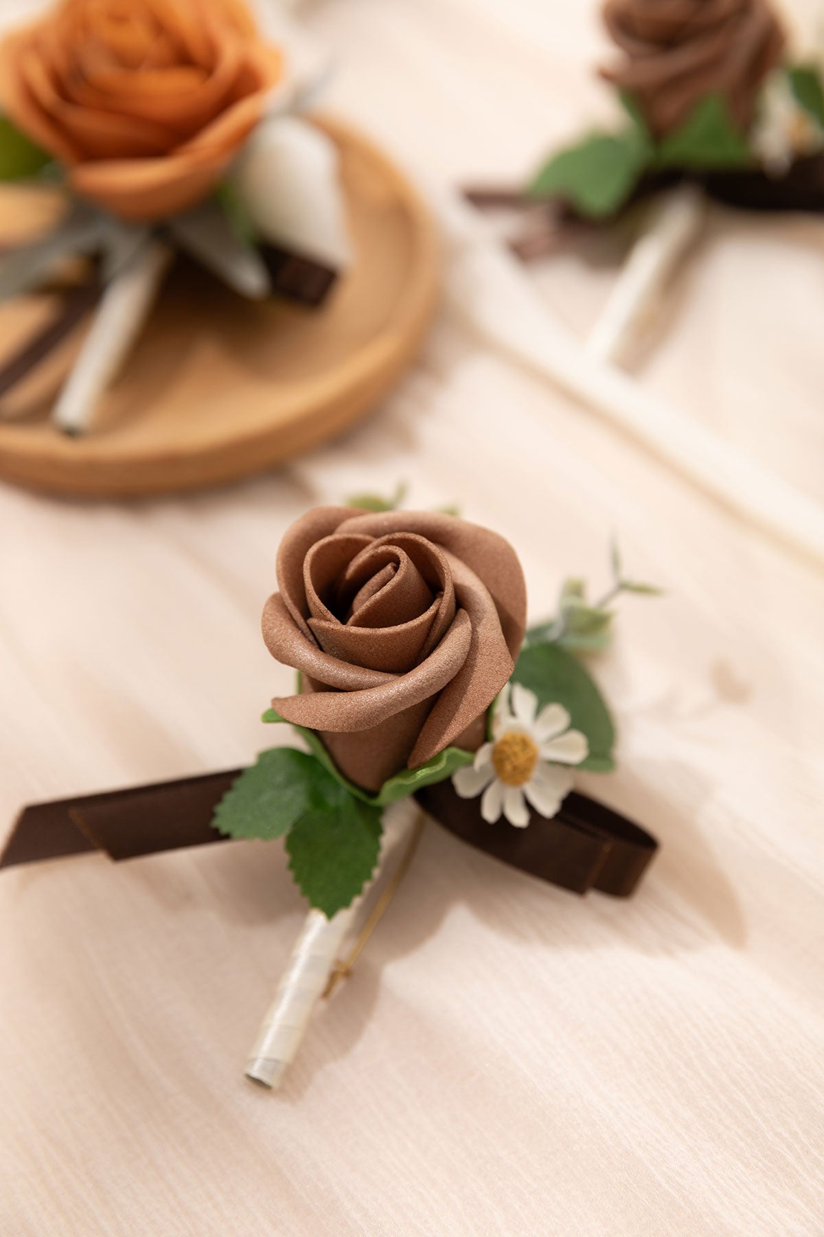 Boutonnieres in Earth Brown & Burnt Orange Velvet Wedding (Set of 6)