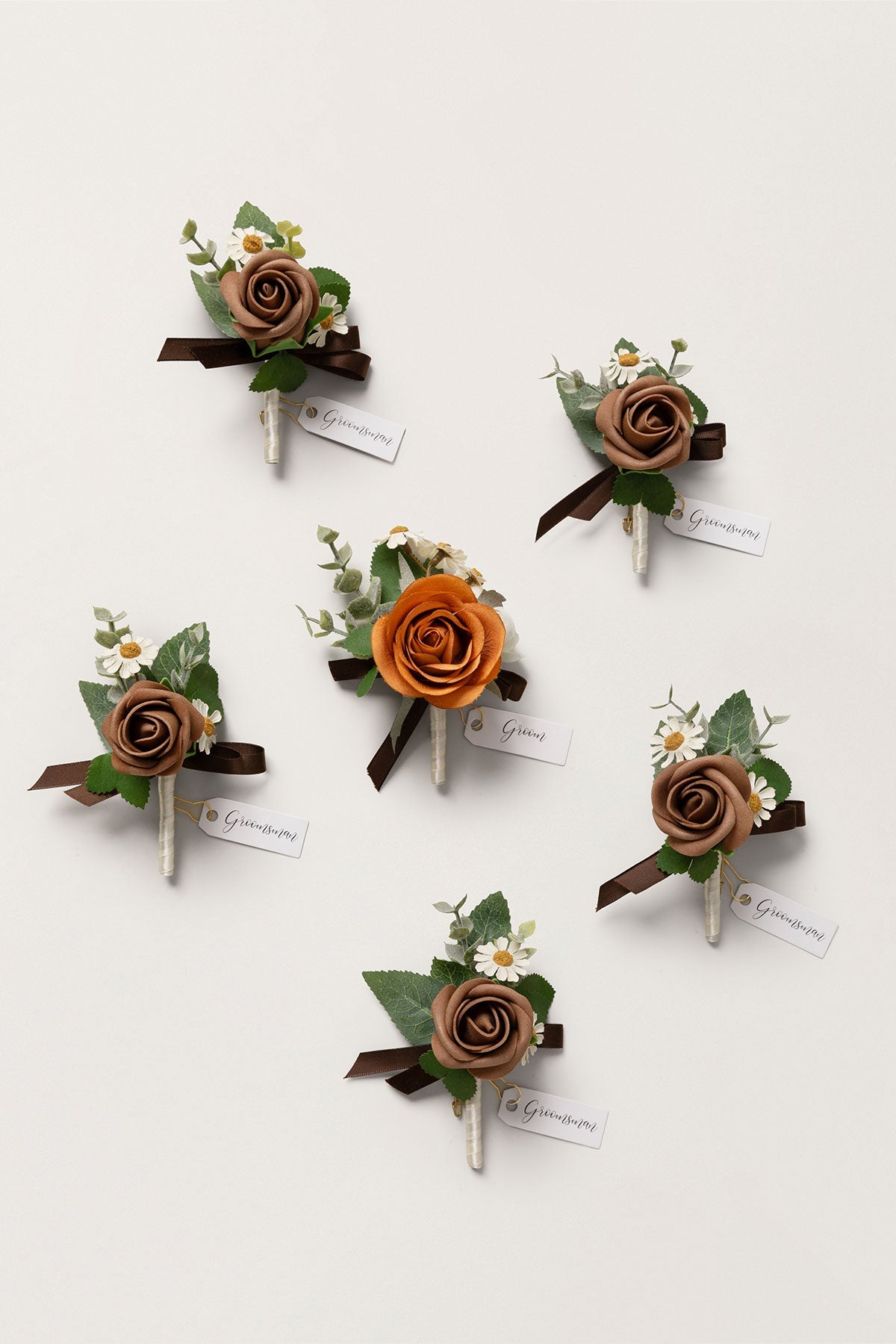 Boutonnieres in Earth Brown & Burnt Orange Velvet Wedding (Set of 6)
