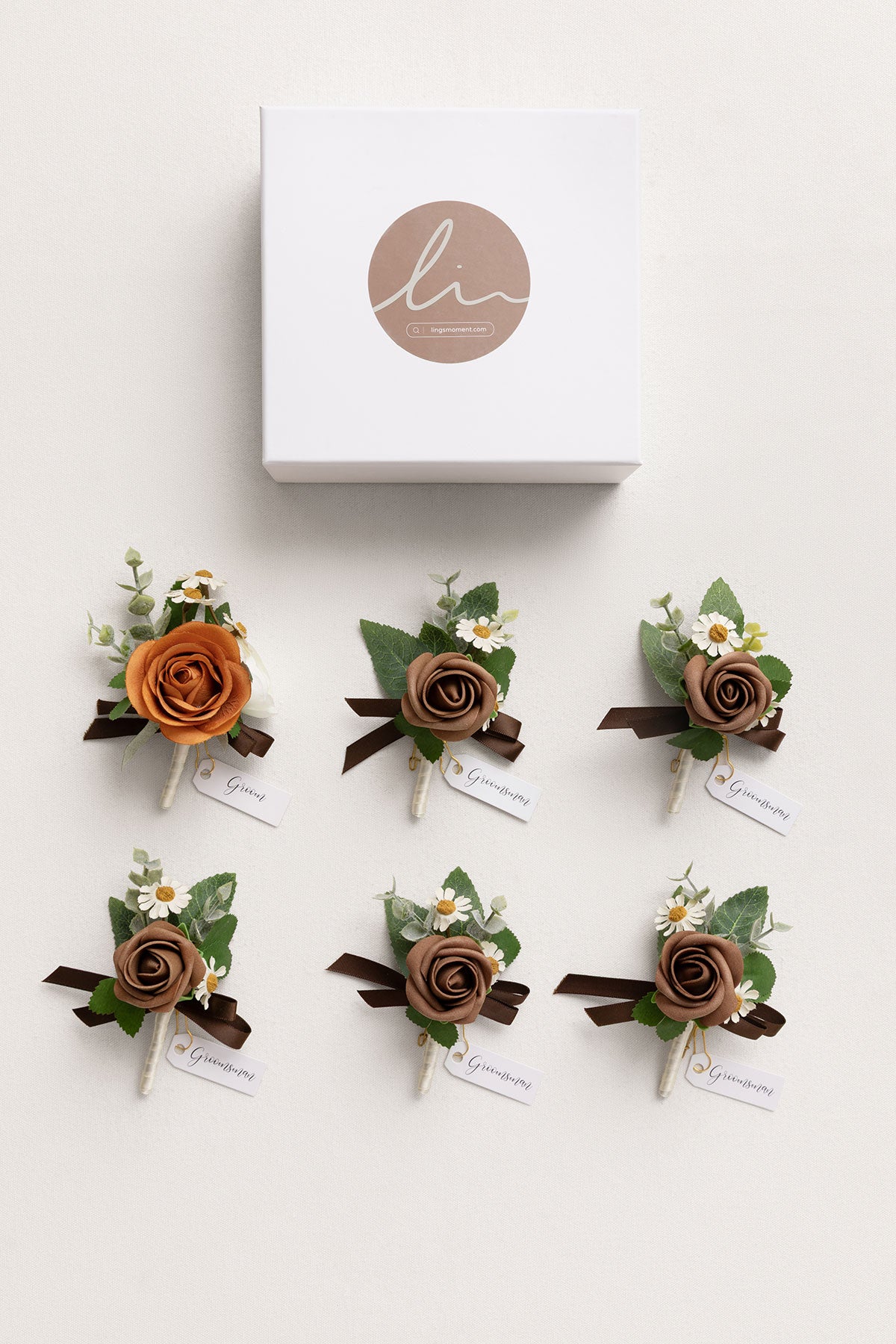 Boutonnieres in Earth Brown & Burnt Orange Velvet Wedding (Set of 6)