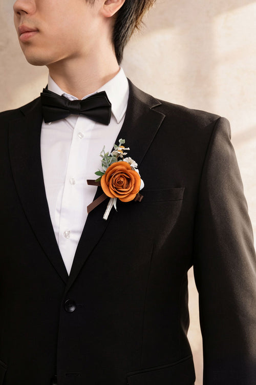 Boutonnieres in Earth Brown & Burnt Orange Velvet Wedding (Set of 6)