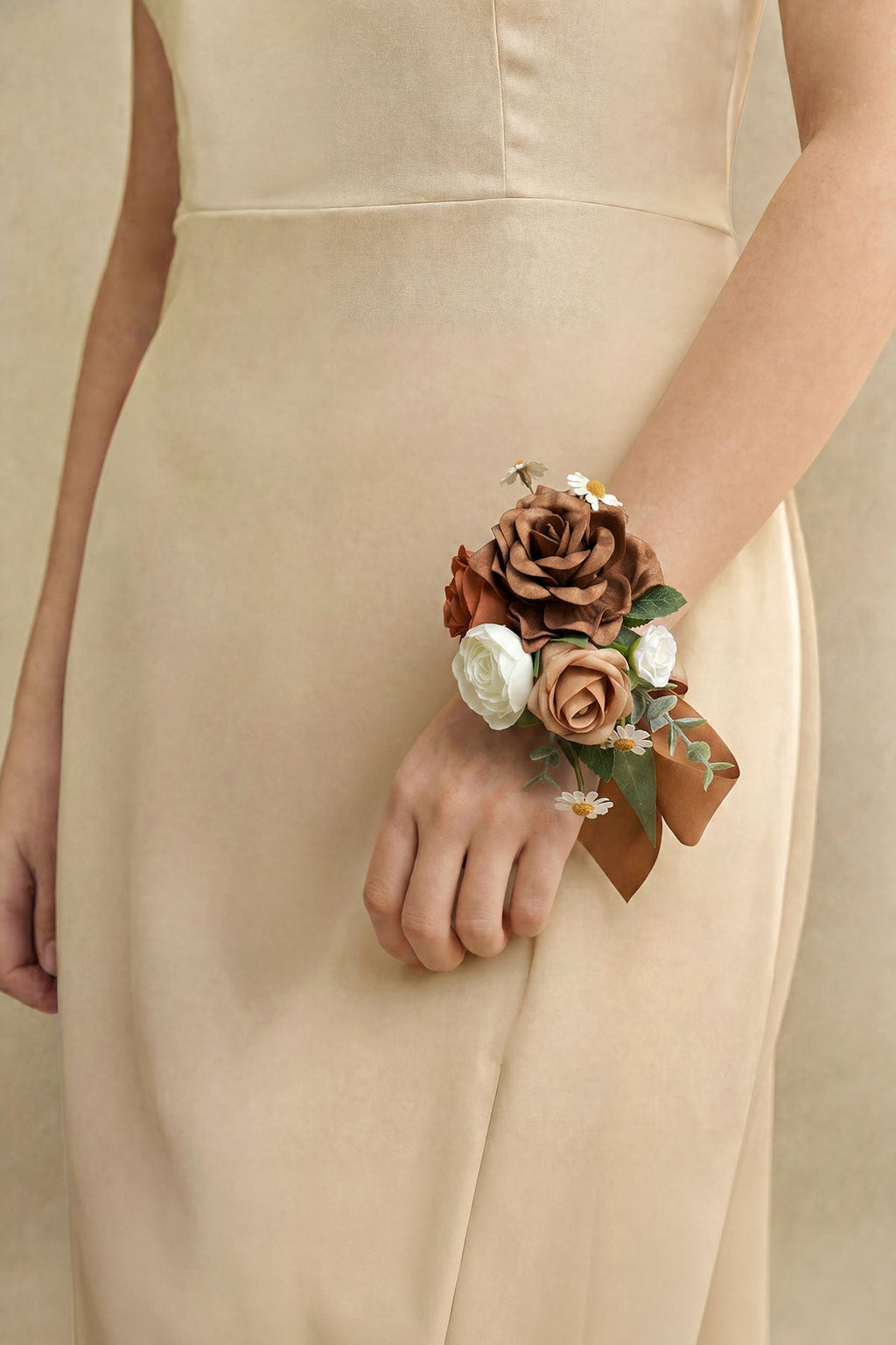 Wrist and Shoulder Corsages in Earth Brown & Burnt Orange & Sand Beige (Set of 2)