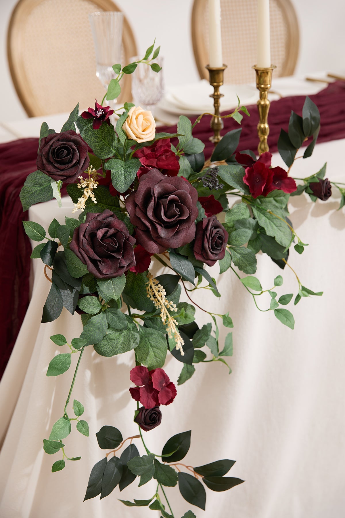 Sweetheart Table Floral Swags in Bordeaux Red & Wine