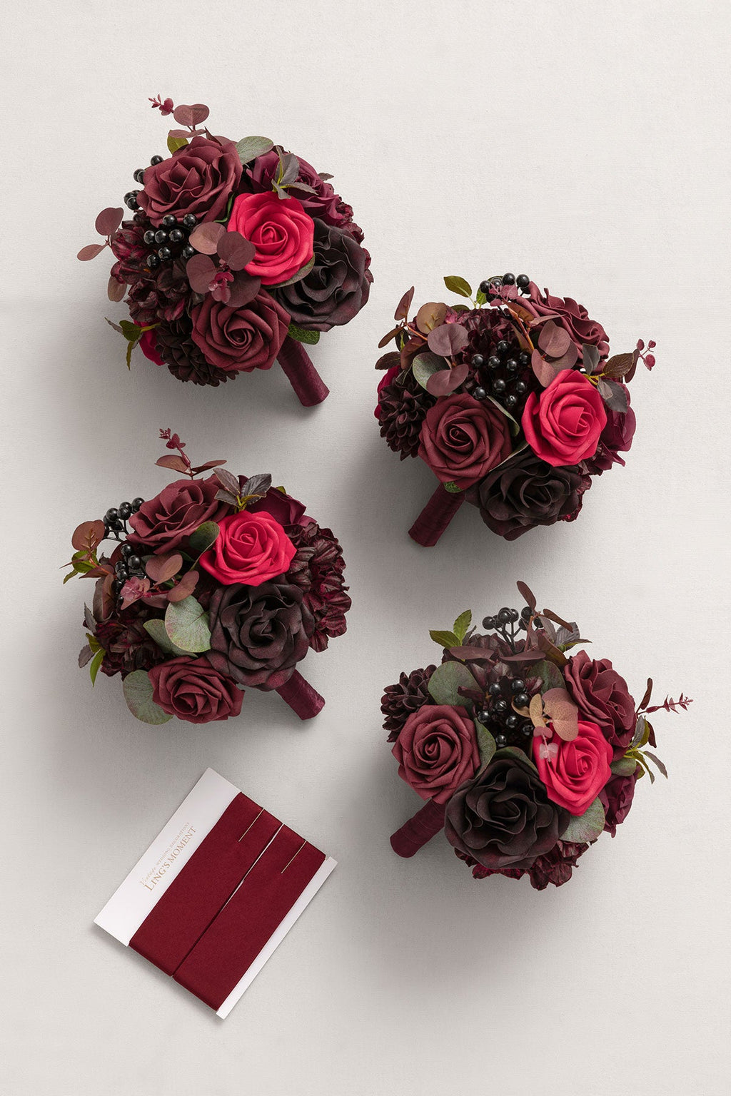 Round Bridesmaid Bouquets in Burgundy & Black Baccara (Set of 4)