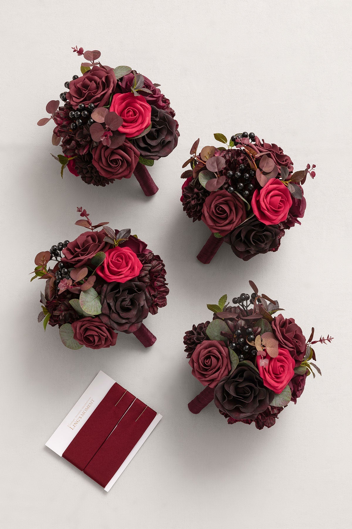 Round Bridesmaid Bouquets in Burgundy & Black Baccara (Set of 4)