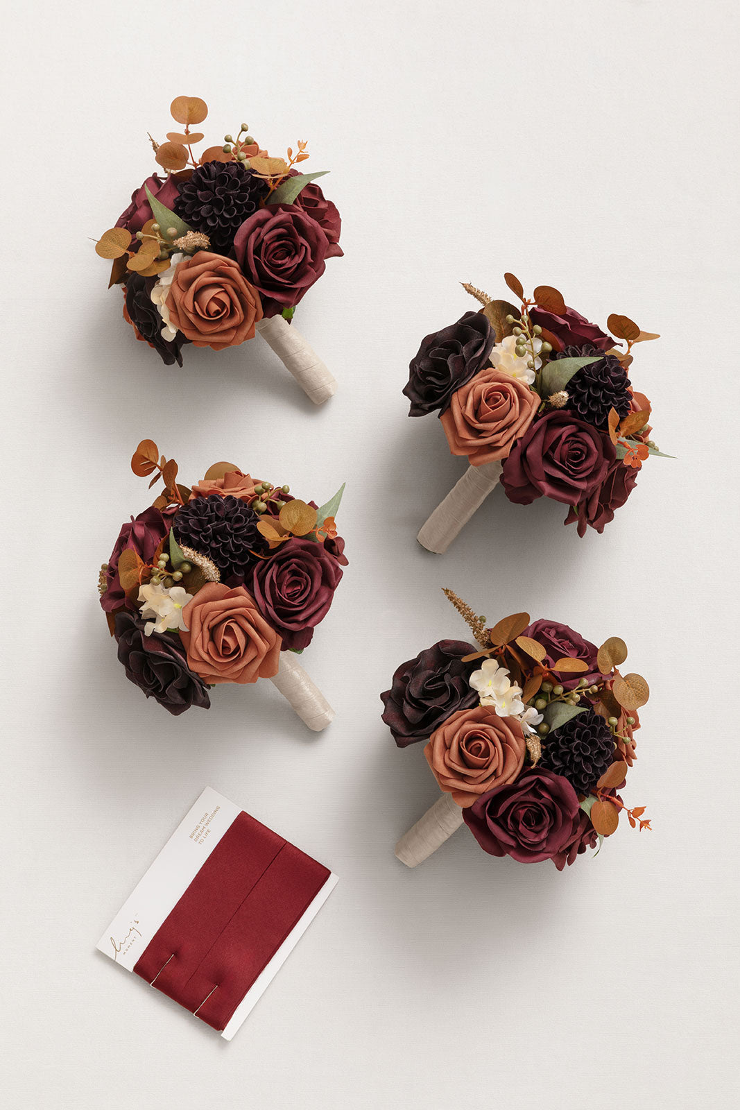 Round Bridesmaid Bouquets in Burgundy & Burnt Orange (Set of 4)