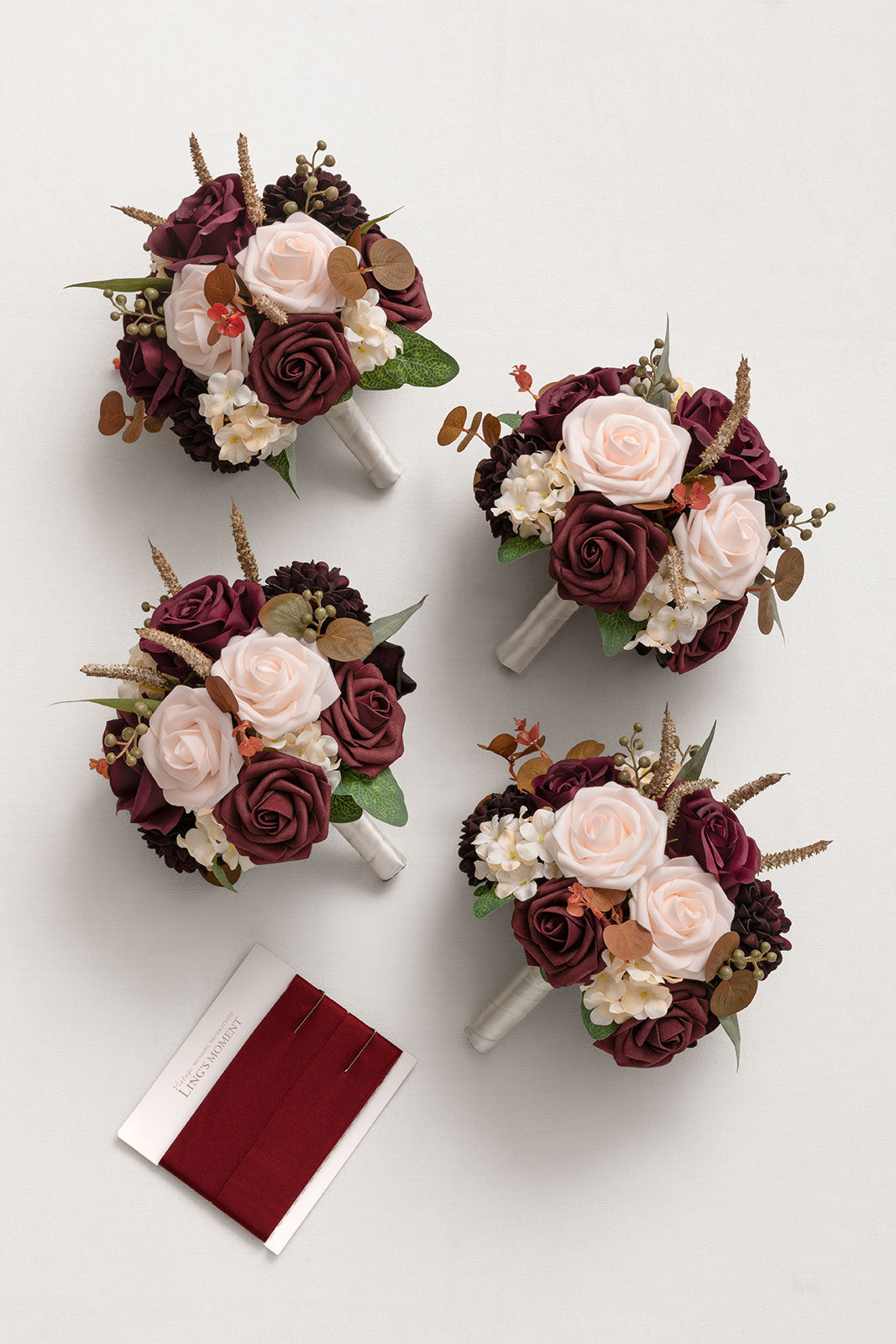Round Bridesmaid Bouquets in Burgundy & Powder Pink (Set of 4)