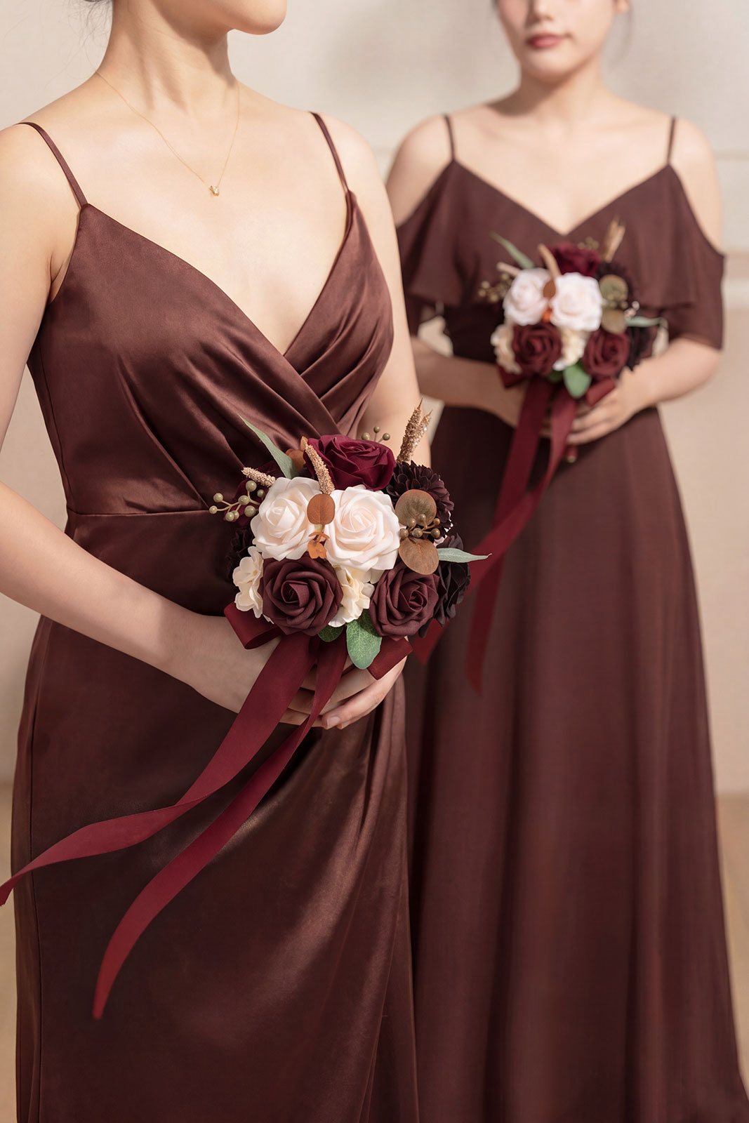 Round Bridesmaid Bouquets in Burgundy & Powder Pink (Set of 4)