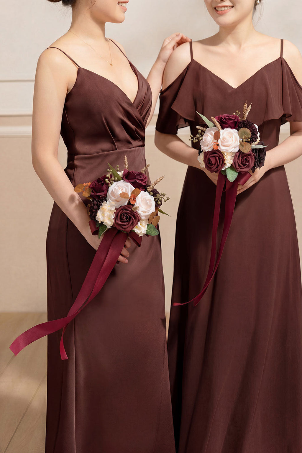 Round Bridesmaid Bouquets in Burgundy & Powder Pink (Set of 4)