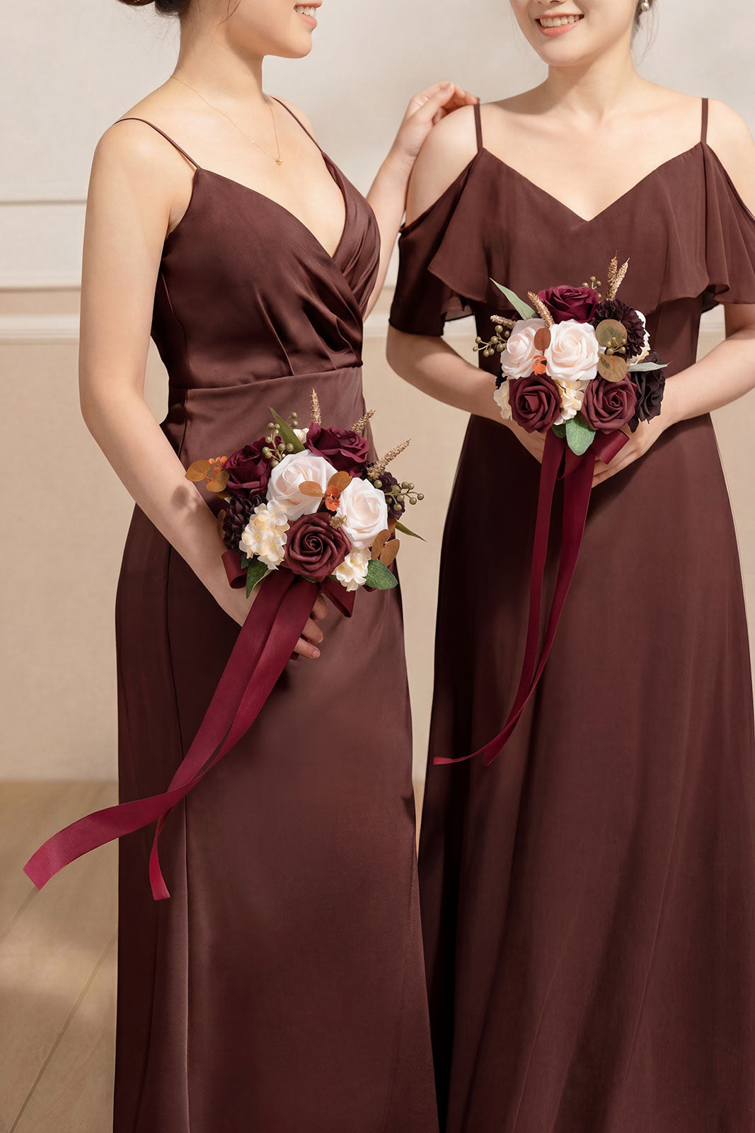 Round Bridesmaid Bouquets in Burgundy & Powder Pink (Set of 4)