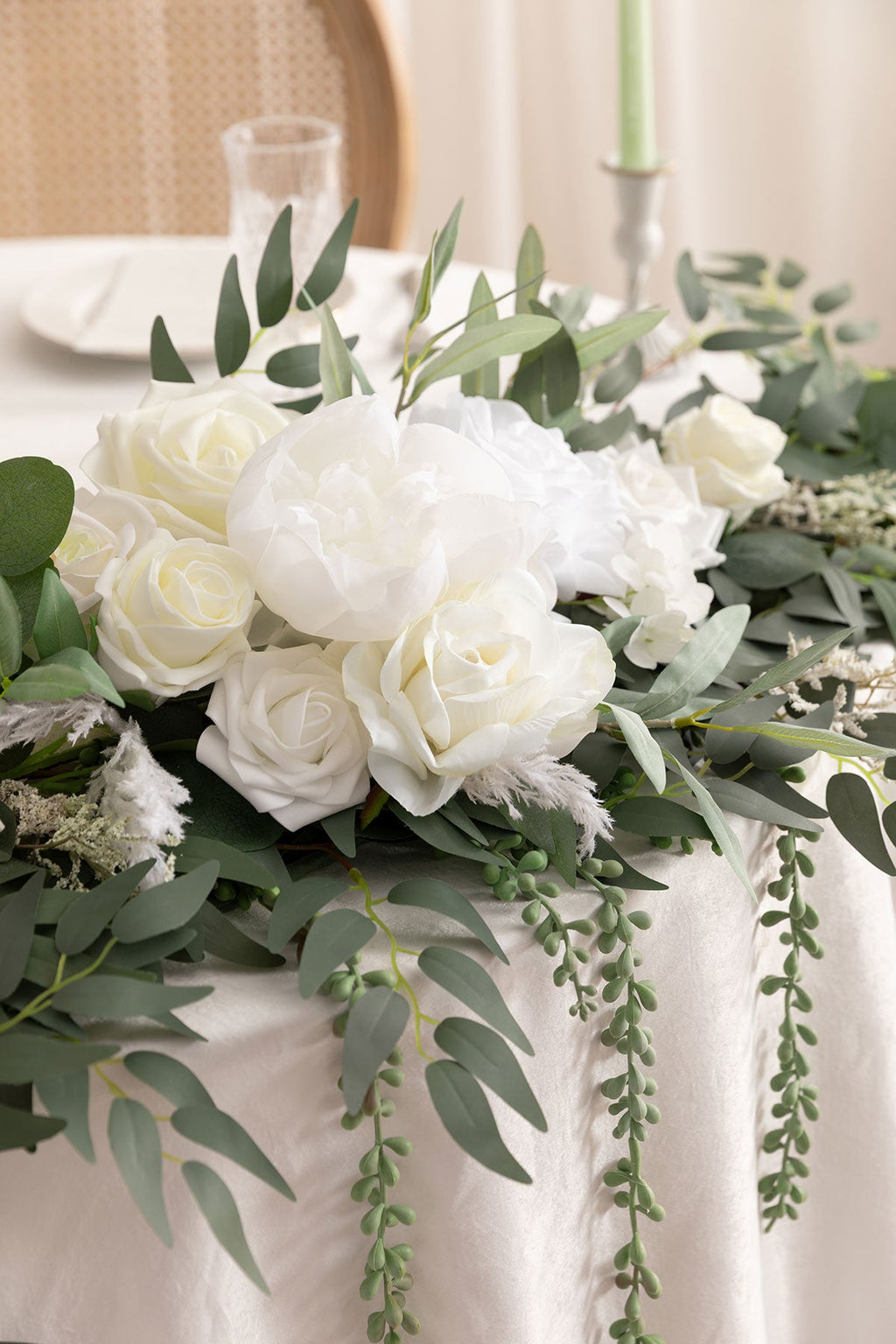 9ft Head Table Flower Garland in White & Sage