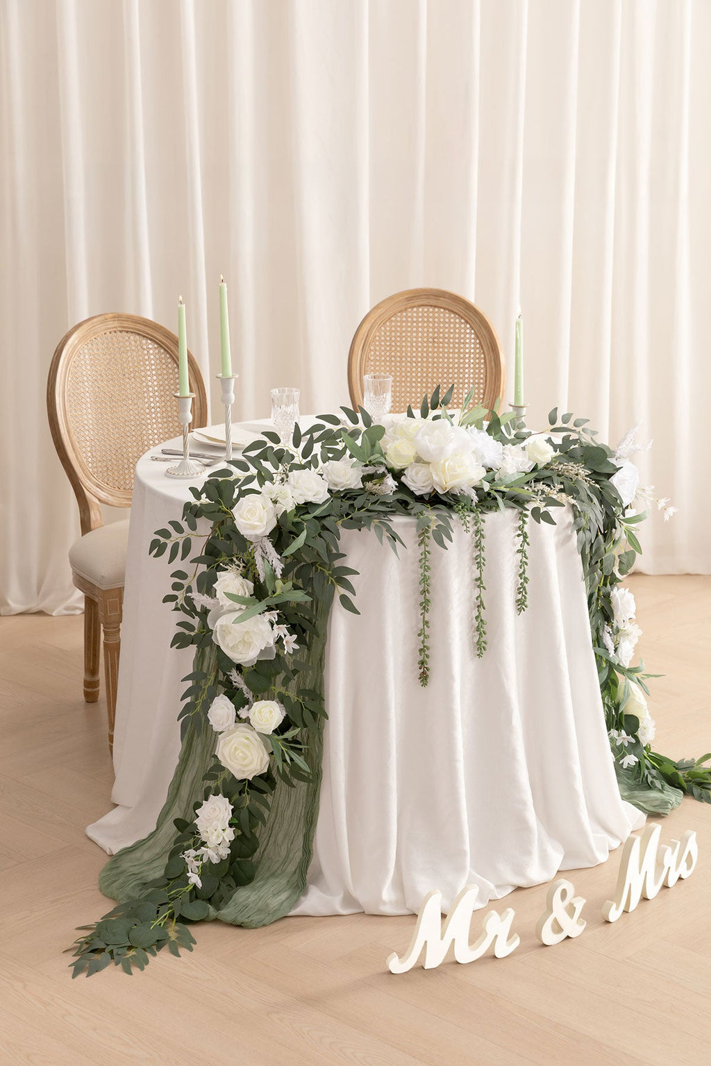 9ft Head Table Flower Garland in White & Sage